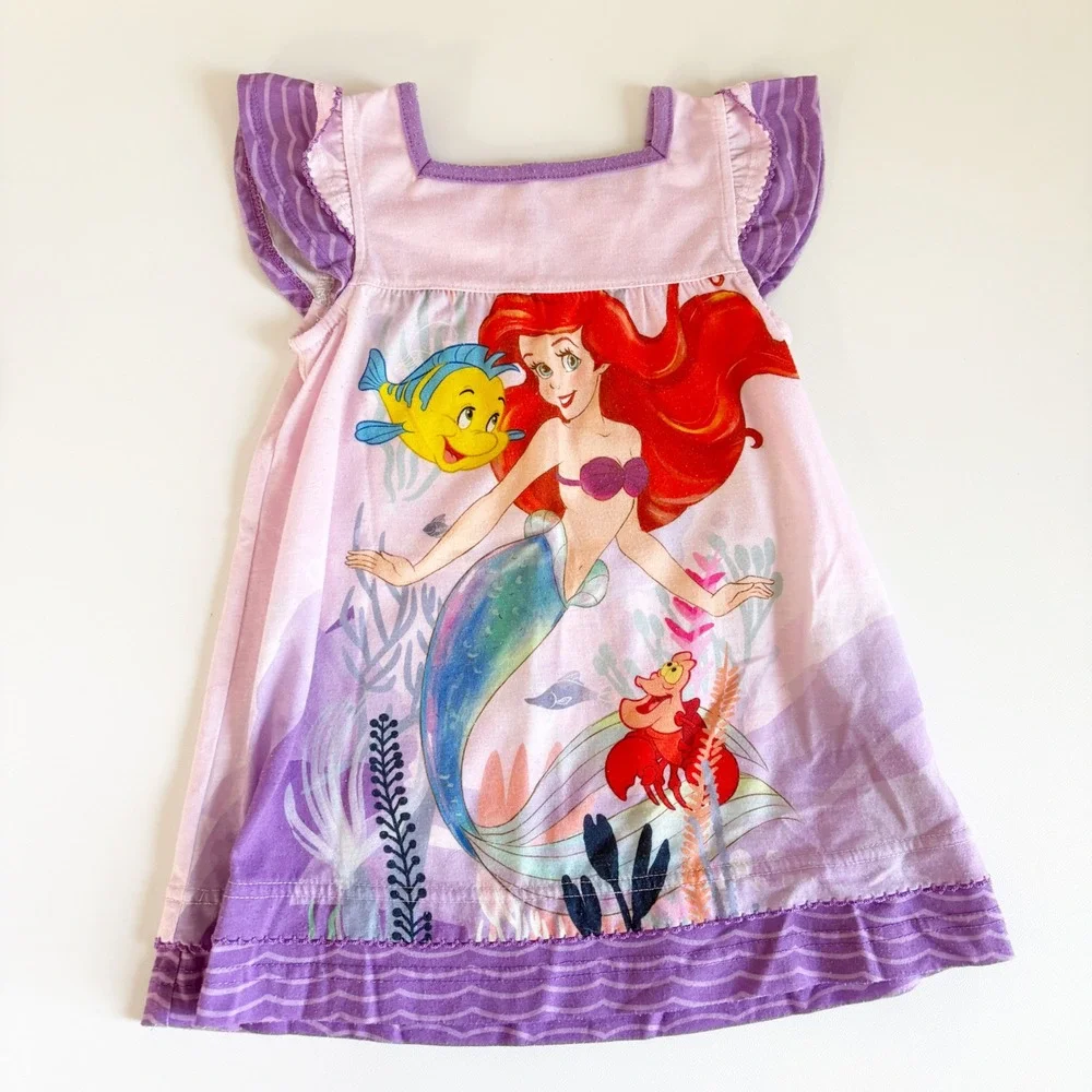 Disney Girls Moana Ariel Little Mermaid Flutter Sleeve Graphic Nightgowns Size 2
